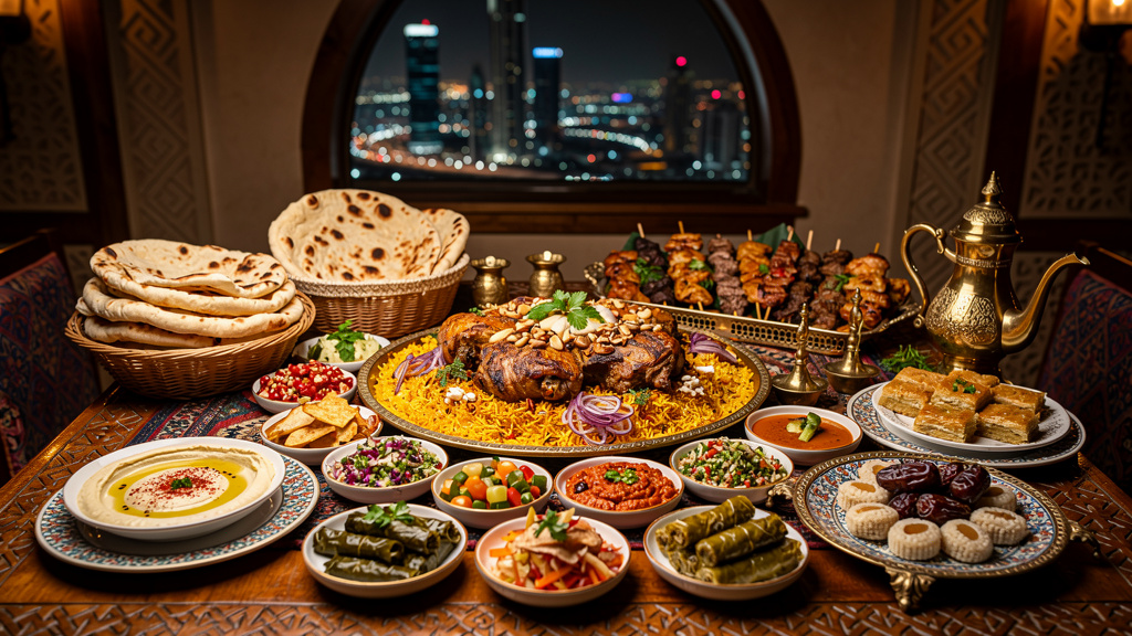 Luxurious traditional Arabian feast spread in Doha Qatar featuring machboos, mezze, grilled kebabs, Arabic coffee, and dates with warm ambient lighting